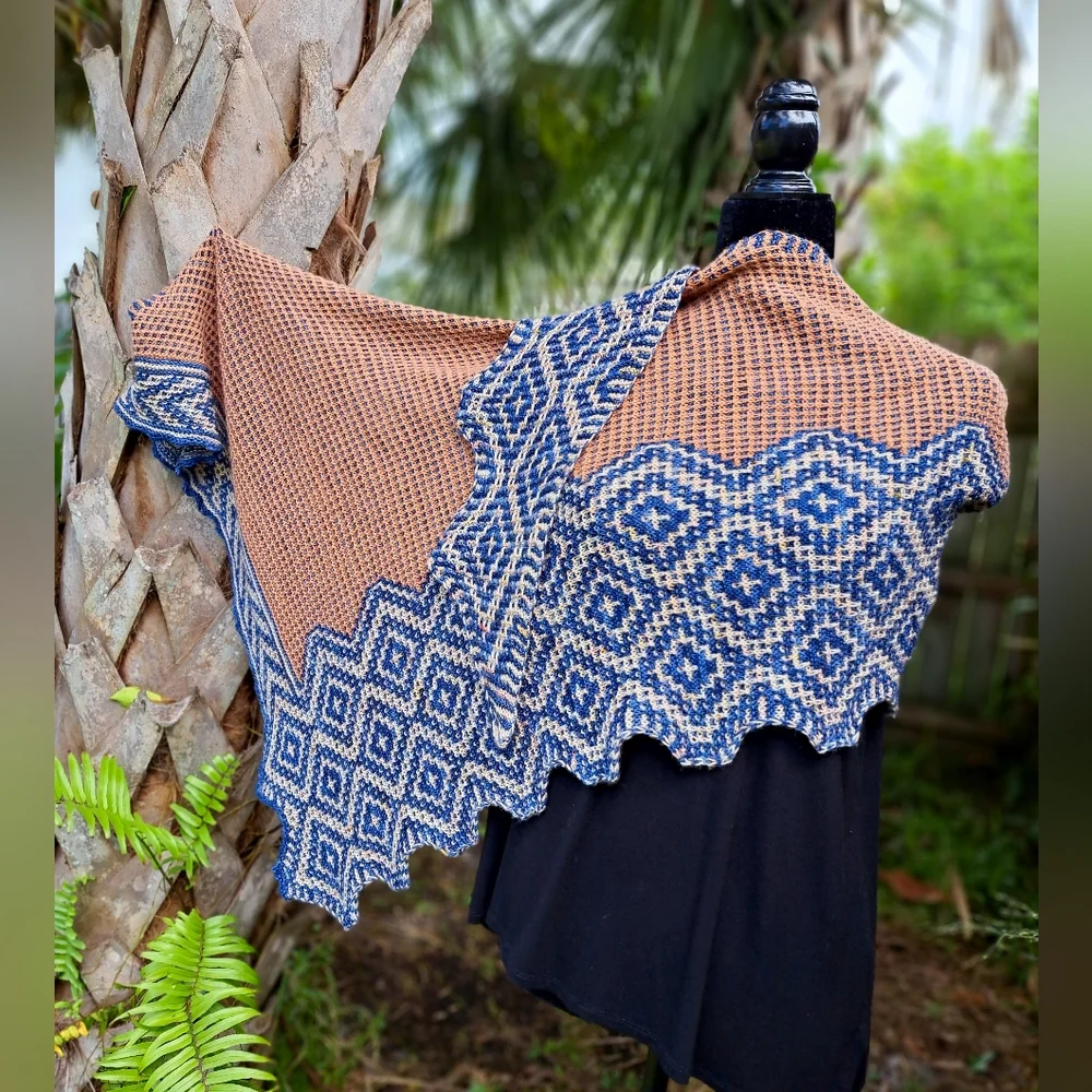 Hand Knit Shawl Blue Brown Beige Hand Dyed Yarn Mosaic Colorwork Soft Warm Cozy - Picture 9 of 16